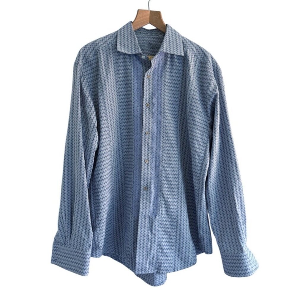Robert Graham Mens Sz XL Blue Geometric Embroidered Flip Cuff Casual Dress Shirt
